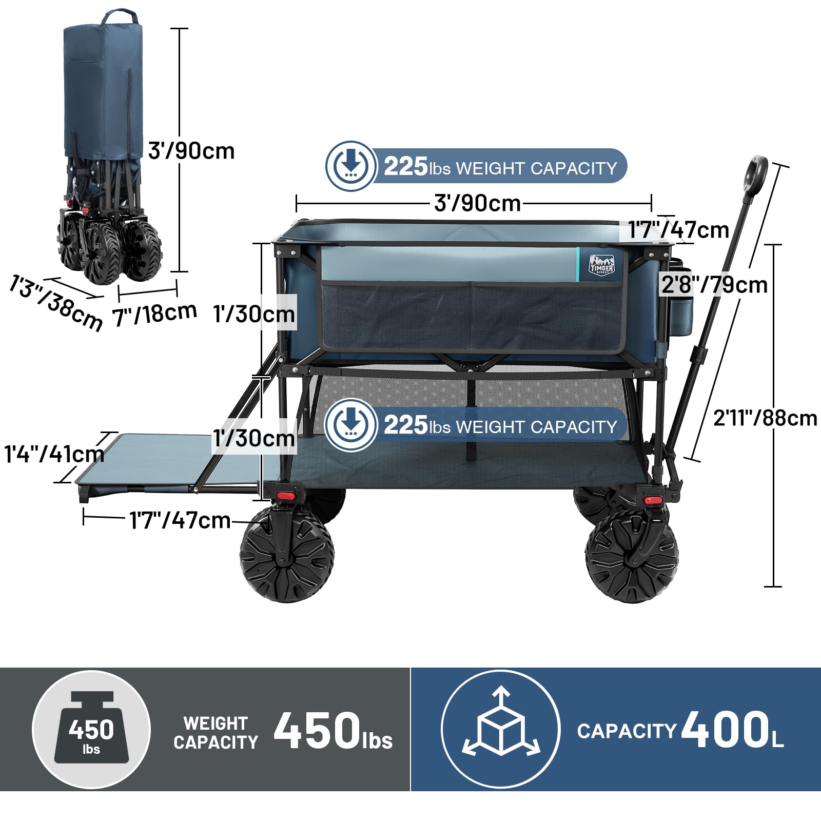 TIMBER RIDGE 400L Large Capacity Folding Double Decker Wagon, 54" Extra Long Extender Wagon Cart, 450lbs Heavy Duty Collapsible Wagon, All-Terrain Big Wheels for Camping, Sports, Shopping, Bl - WoodArtSupply