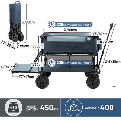 TIMBER RIDGE 400L Large Capacity Folding Double Decker Wagon, 54" Extra Long Extender Wagon Cart, 450lbs Heavy Duty Collapsible Wagon, All-Terrain Big Wheels for Camping, Sports, Shopping, Bl - WoodArtSupply