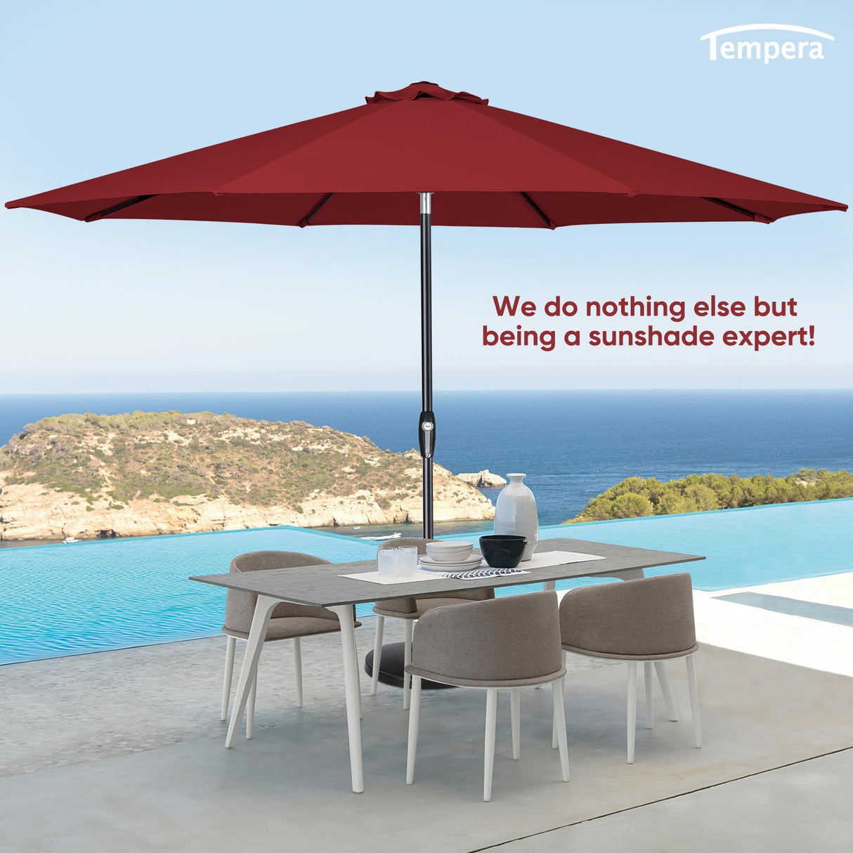 Tempera 10ft Patio Market Outdoor Table Umbrella with Auto Tilt and Crank,Large Sun Umbrella with Sturdy Pole&Fade resistant canopy,Easy to set,Chili Tempera
