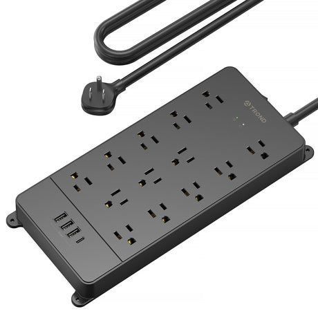 TROND Surge Protector Power Strip, 4000J, ETL Listed, 13 Widely-Spaced Outlets Expansion with 4 USB Ports(1 USB C), Low-Profile Flat Plug, Wall Mountable, 5ft Extension Cord, 14AWG Heavy Duty, Black TROND