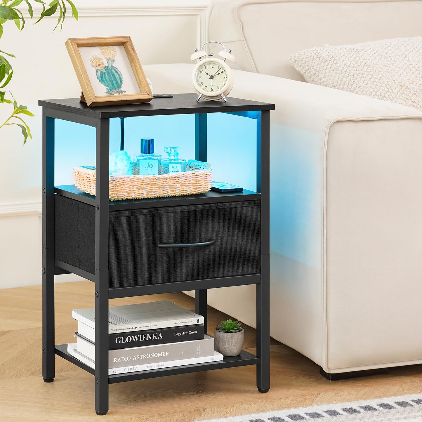 Yoobure Side Table with Storage, LED Night Stand with Charging Station, End Tables Living Room, Nightstand for Bedroom with Adjustable Fabric Drawer, 3-Tier Wood Bedside Table, Black - WoodArtSupply