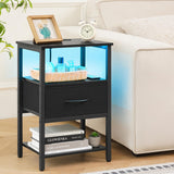 Yoobure Side Table with Storage, LED Night Stand with Charging Station, End Tables Living Room, Nightstand for Bedroom with Adjustable Fabric Drawer, 3-Tier Wood Bedside Table, Black Yoobure