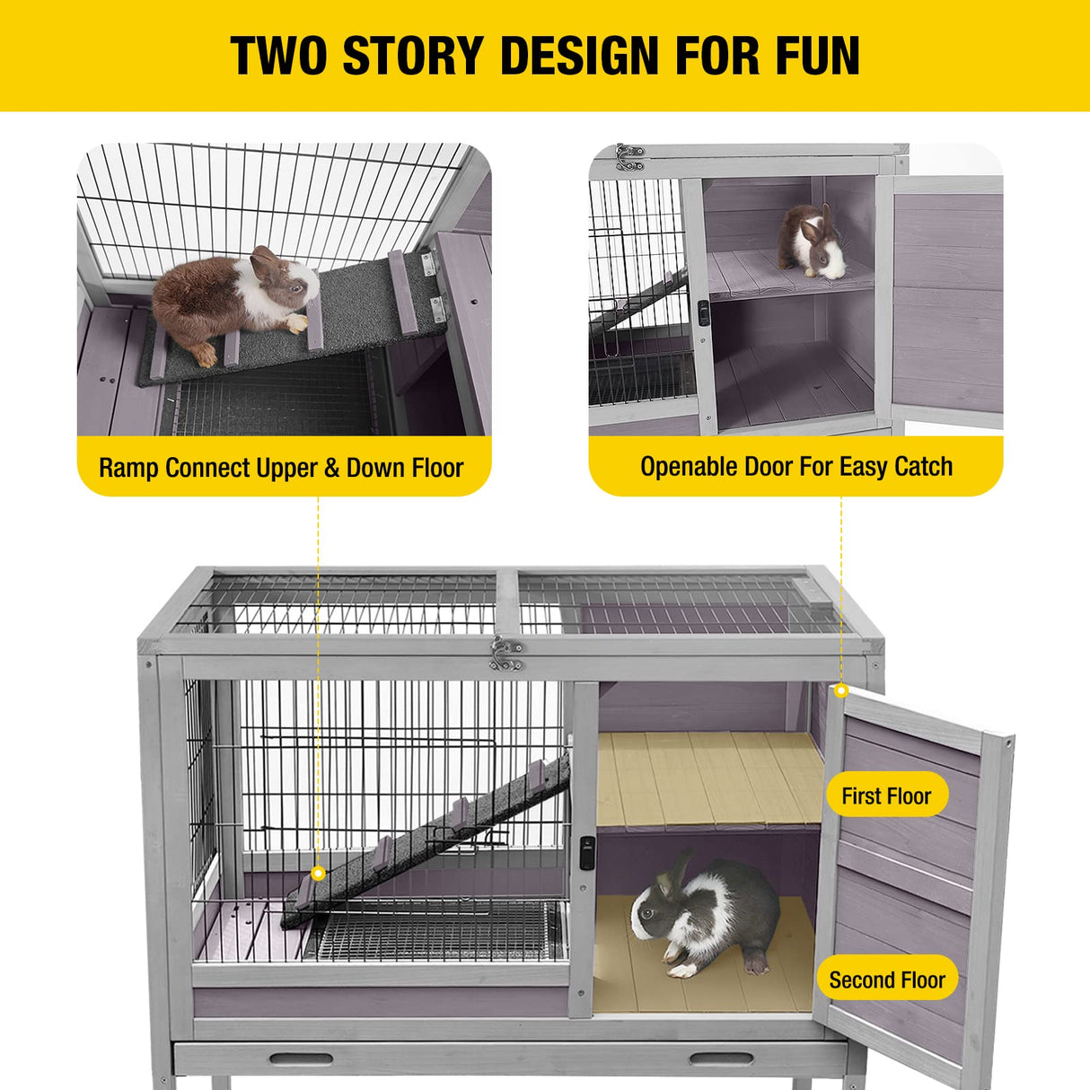 Aivituvin Rabbit Hutch Indoor Bunny Cage Wooden Guinea Pig House with Wire Floor, Wheels, Leak-Proof Tray 35in Aivituvin