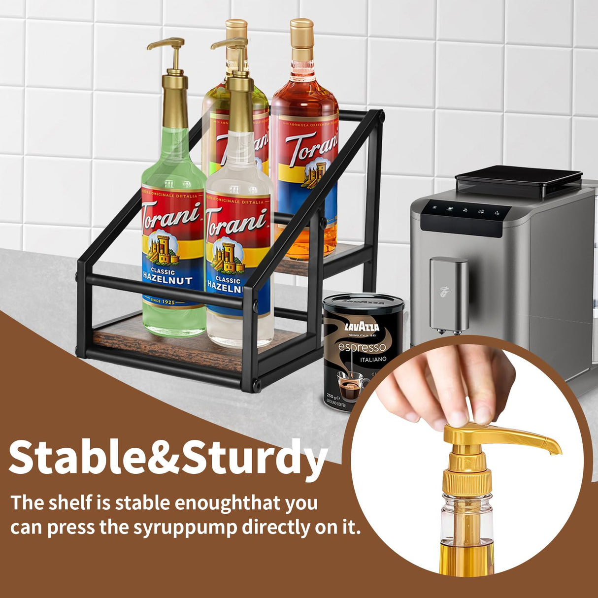 YQBRAO Coffee Syrup Rack Organizer,Liquor Bottle Display Shelf,2-Tier 4 Bottle Stand for Coffee Bar, Kitchen Station, Liquor, Wine, Dressing,Rustic Brown YQBRAO