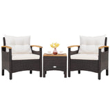 Tangkula 3-Piece Patio Furniture Set, Patiojoy Outdoor Rattan Sofa Set with Coffee Table, Patio Conversation Set with Removable Cushion, Cozy Acacia Wood Armrests for Backyard, Poolside (Off White) Tangkula