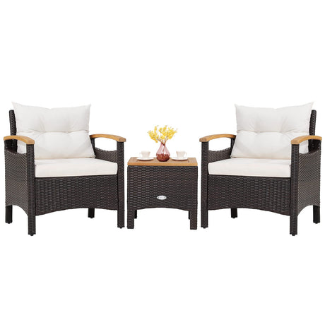 Tangkula 3-Piece Patio Furniture Set, Patiojoy Outdoor Rattan Sofa Set with Coffee Table, Patio Conversation Set with Removable Cushion, Cozy Acacia Wood Armrests for Backyard, Poolside (Off White) Tangkula
