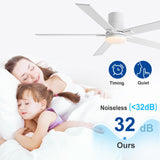 Rayqueen 60 Inch Ceiling Fans with Lights and Remote,Flush Mount White Ceiling Fan with 5 Dual Sided Blades,6 Speed Reversible DC Motor,3CCT Dimmable LED-Low Profile Design for Indoor or Covered Patio Rayqueen