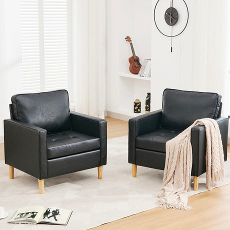 STHOUYN Black Faux Leather Accent Chairs Set of 2 Small Living Room Bedroom Chairs, Comfy Reading Chair Single Sofa for Adults, Suitable Small Spaces Office Couch, Easy Assembly STHOUYN