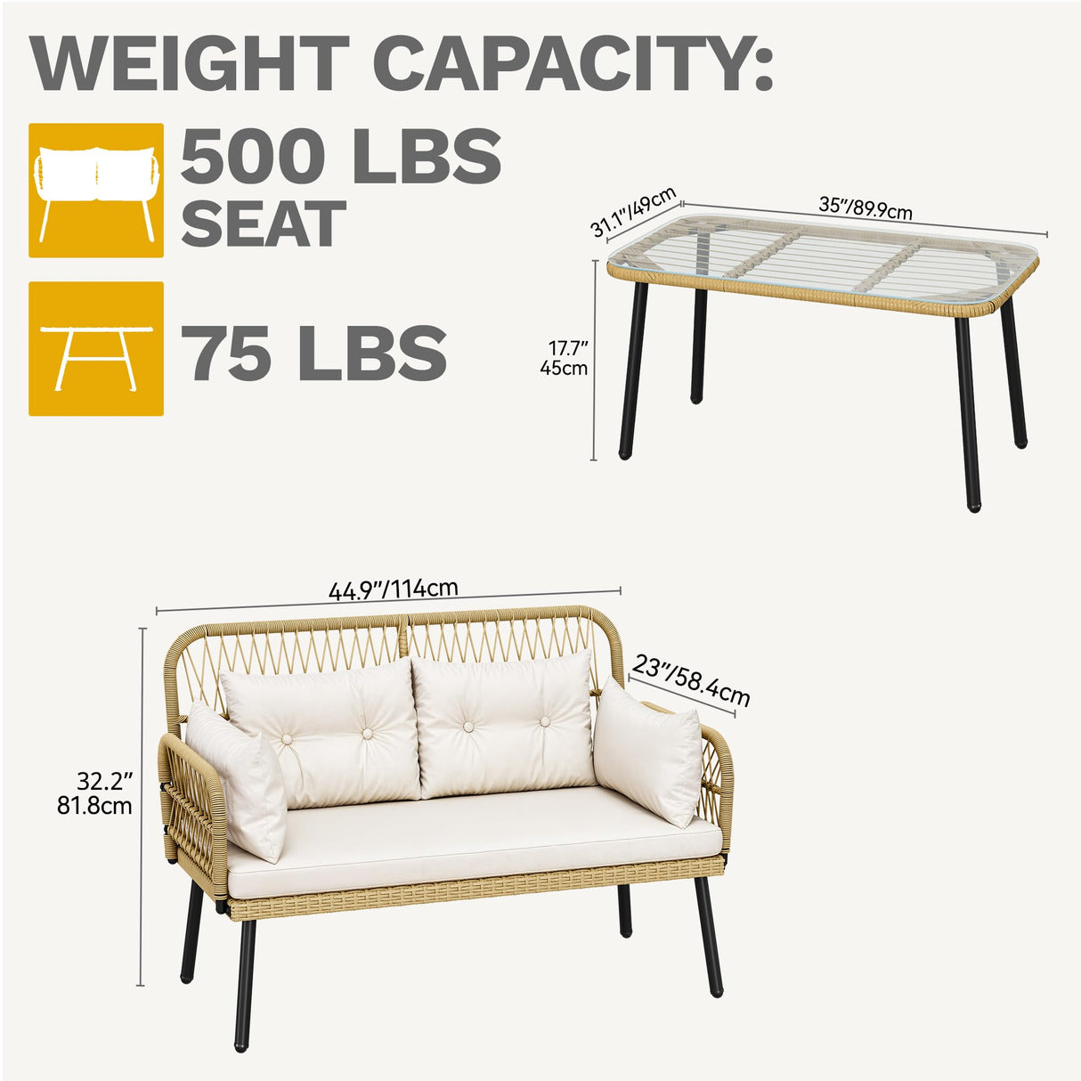 DWVO 2-Seater Outdoor Loveseat Set, All-Weather Wicker Rattan Patio Furniture with Cushions & Tempered Glass Side Table for Backyard, Balcony, Deck, Light Brown + Beige DWVO