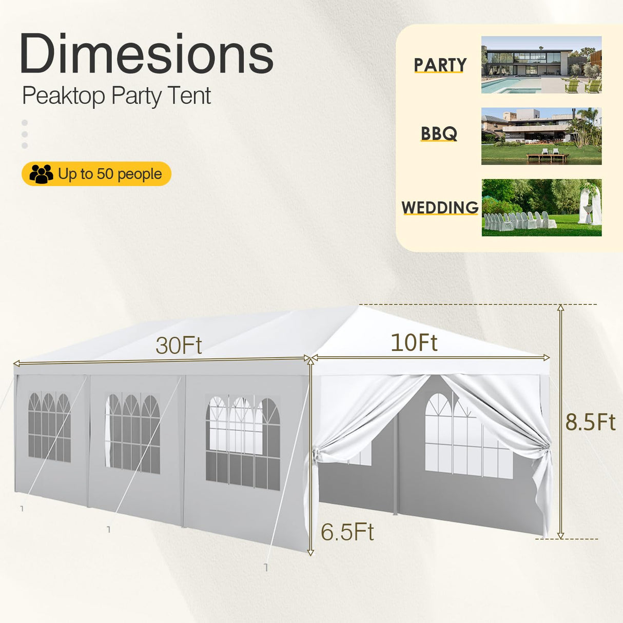 Greesum 10x30 Outdoor Canopy Tent Patio Camping Heavy Duty Gazebo Shelter Party Wedding BBQ Events with Side Removable Walls, Waterproof Shelter, White Greesum
