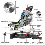 NOVORIK 10" Single Bevel Compound Sliding Miter Saw, Single-Bevel Corded Miter Saw with Laser Guide, 15-Amp Motor Sliding Miter Saw with TCT Saw Blade for Woodworking novorik
