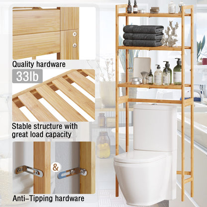 AMBIRD Over The Toilet Storage, 3-Tier Bathroom Organizer Over Toilet with Sturdy Bamboo Shelves,Multifunctional Toilet Shelf,Easy to Assemble and Saver Space, 25 * 10 * 64 Inches (Original Color)