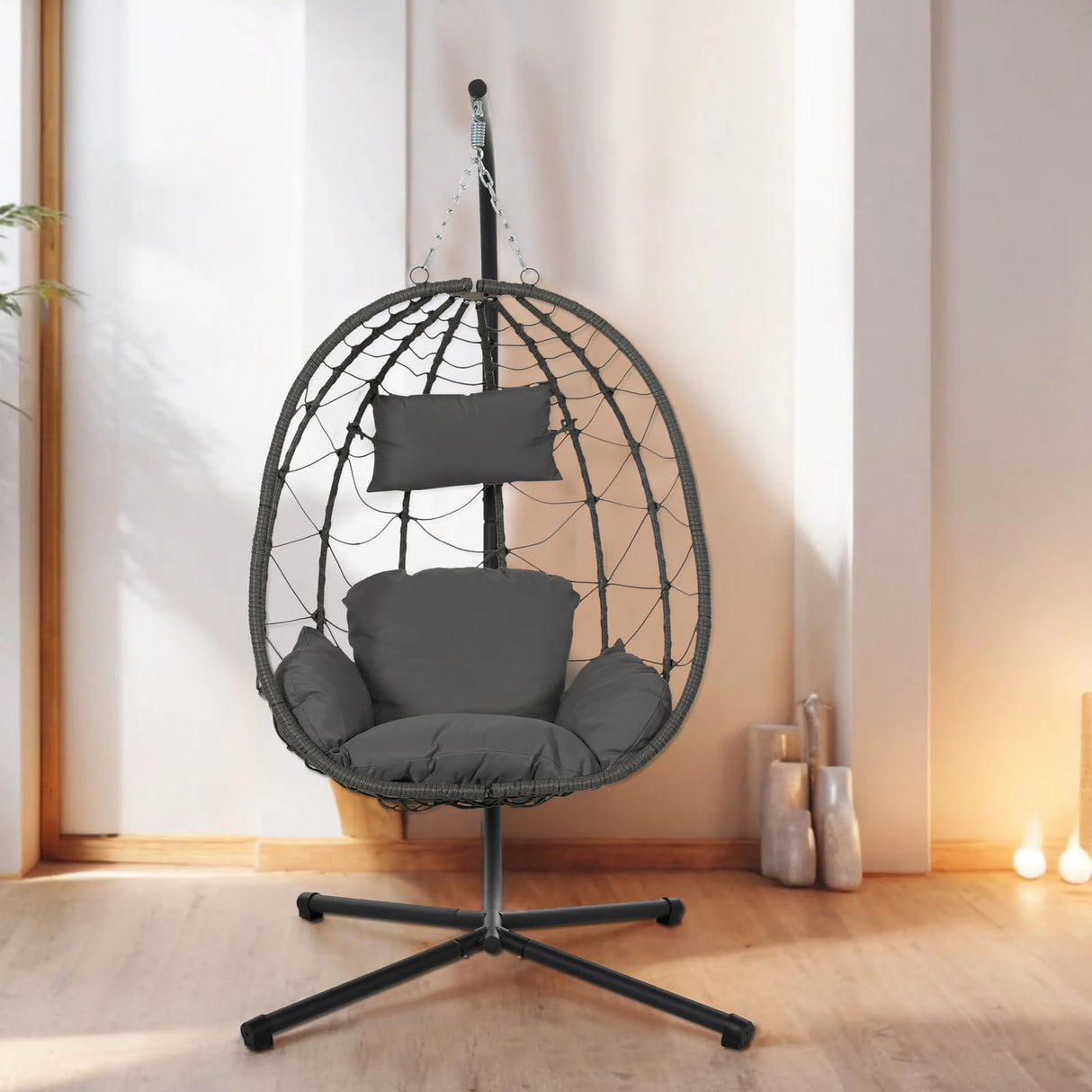 Egg Chair Indoor Outdoor, Foldable Hanging Egg Chair with Stand, Patio Swing Egg Chairs, UV Resistant Removable &Washable Thicken Padded Cushions, 350LBS Capacity for Bedroom, Balcony, Dark Gray HiDSLiving