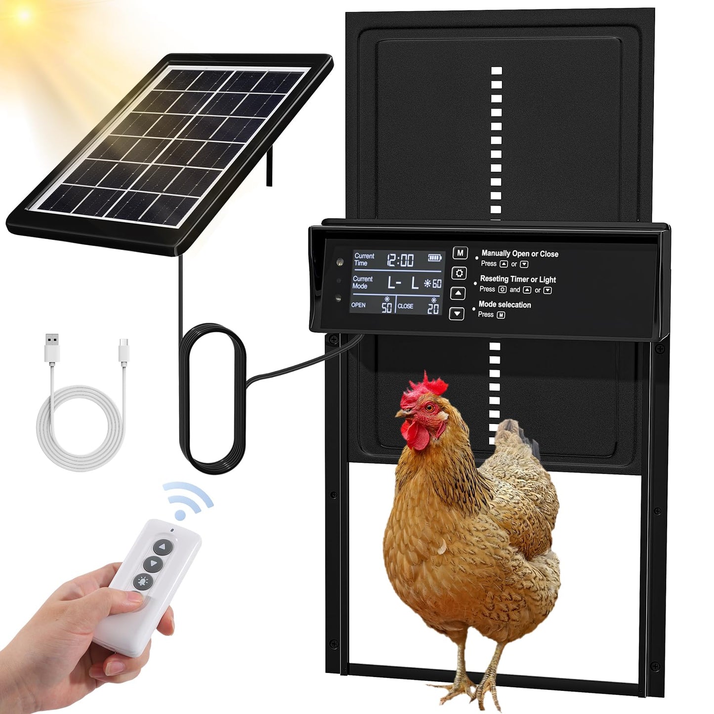 Solar Chicken Coop Door, Automatic Chicken Door Solar Powered & USB Charging, Auto Chicken Door 4 Modes with Timer & Light Sensor, Anti-pinch & Alert, Remote, LED Screen, Aluminum Waterproof Coop Door