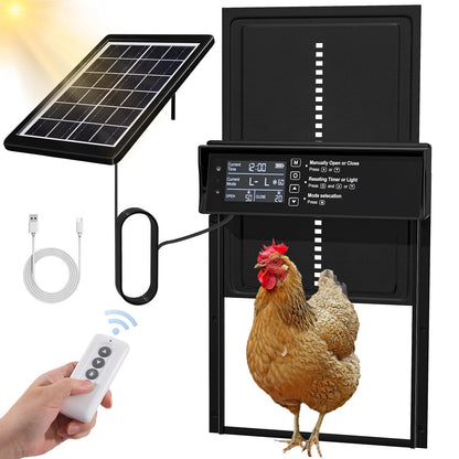 Solar Chicken Coop Door, Automatic Chicken Door Solar Powered & USB Charging, Auto Chicken Door 4 Modes with Timer & Light Sensor, Anti-pinch & Alert, Remote, LED Screen, Aluminum Waterproof Coop Door