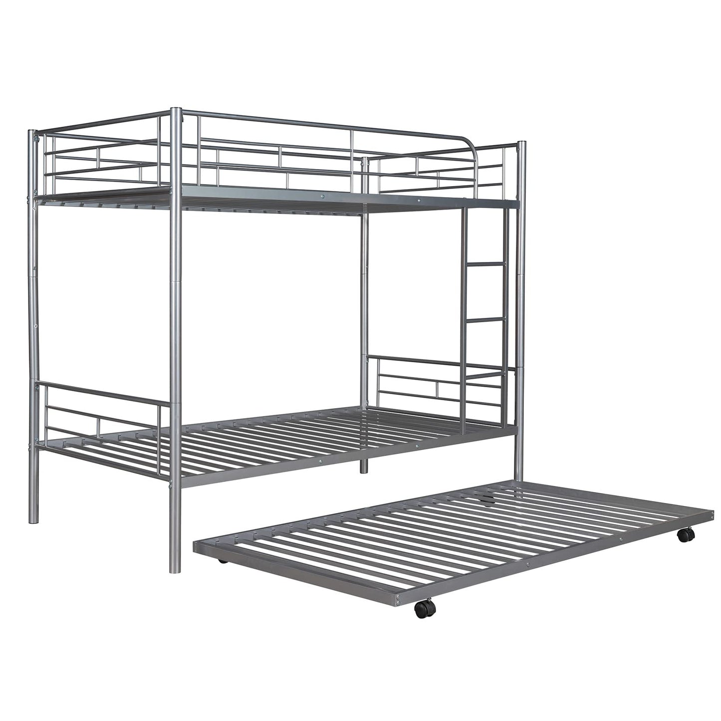 Metal Bunk Bed with Trundle Twin Over Twin Bunk Bed Frame with Ladder and Safety Rails for Kids Triple Metal Bunk Can be Divided into Two beds, Silver