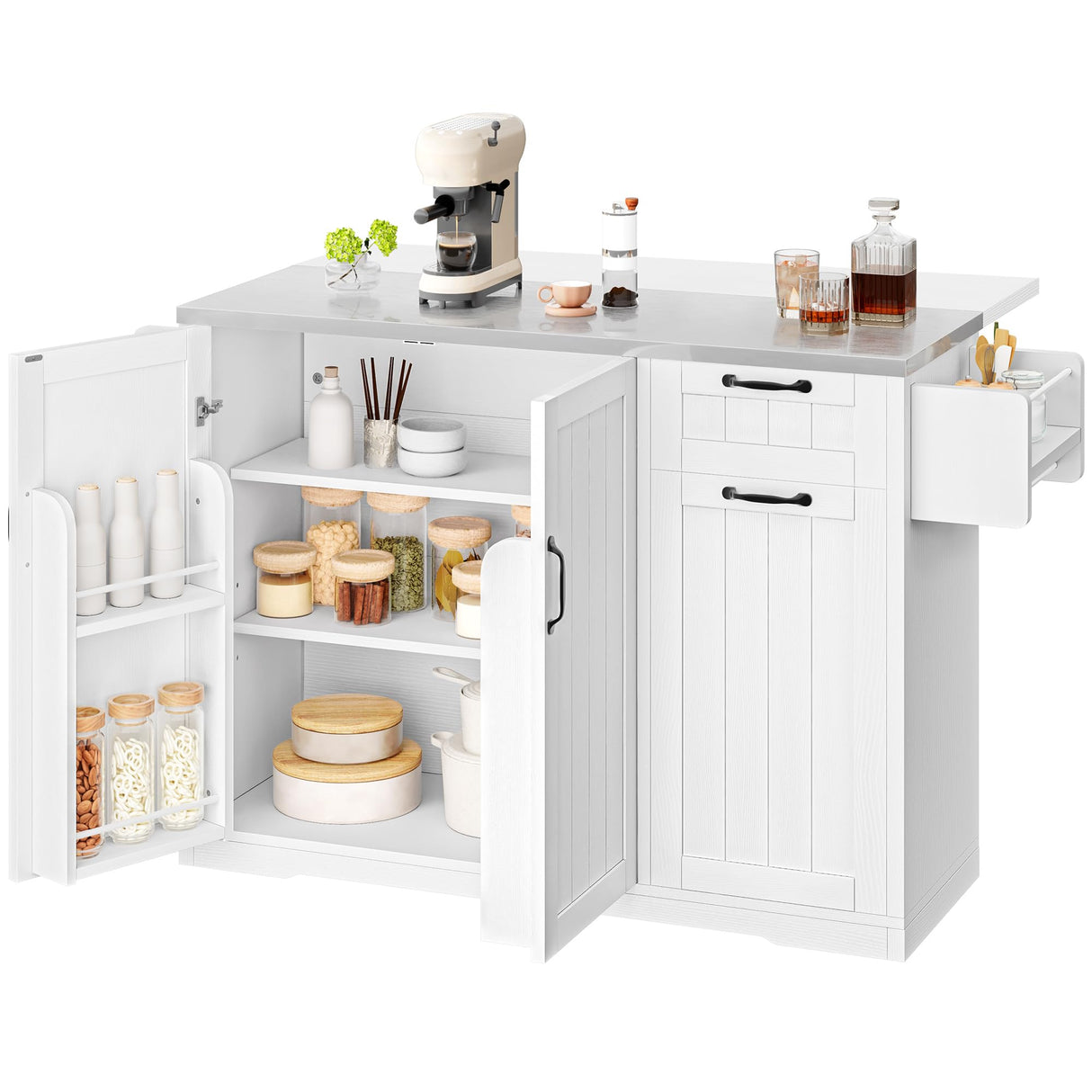 YITAHOME Kitchen Island with Stainless Steel Top, 54" Drop Leaf Kitchen Island with Storage, Rolling Carts with Pull-Out Cabinet, 3 Tier Slide Out Drawers & Shelves, 2 Doors Storage for Dining,White YITAHOME