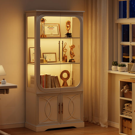 Lareth Display Cabinet with Glass Doors, 69 in Tall Bookcase with LED Lights, Glass Display Case Kitchen Pantry Cabinet, 5 Tier Curio Storage Cabinet for Living Room, Home Office, White Lareth