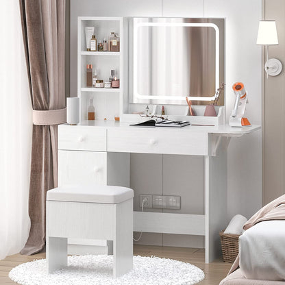 IRONCK Vanity Desk with LED Lighted Mirror & Power Outlet, Makeup Table with Drawers & Cabinet,Storage Stool,for Bedroom, White - WoodArtSupply