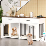 EBE Dog Crate Furniture, 63''Wooden Dog Crate with 2 Drawers and Removable Divider, Dog Kennel Indoor Furniture with Double Rooms, Heavy Duty Dog Crate Table Indoor TV Stand for Small Medium Dogs EBE