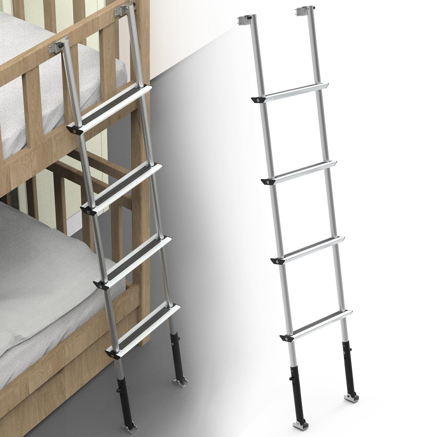 Marudina 61.5" Pre-Assembled Bunk Ladder, Adjustable 3 Levels of Height, Aluminum RV Bunk Bed Ladder with 4 Anti-Slip Steps, Non-Slip Feet, 2 Fixing Methods - WoodArtSupply