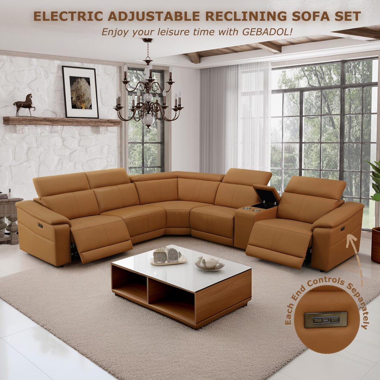 GEBADOL Power Recliner Sectional Sofa, L-Shaped Living Room Furniture Set, Light Brown Leather Sofa, Reclining Sectional Couch with Storage Console/Cup Holder for Living Room/House/Apt GEBADOL