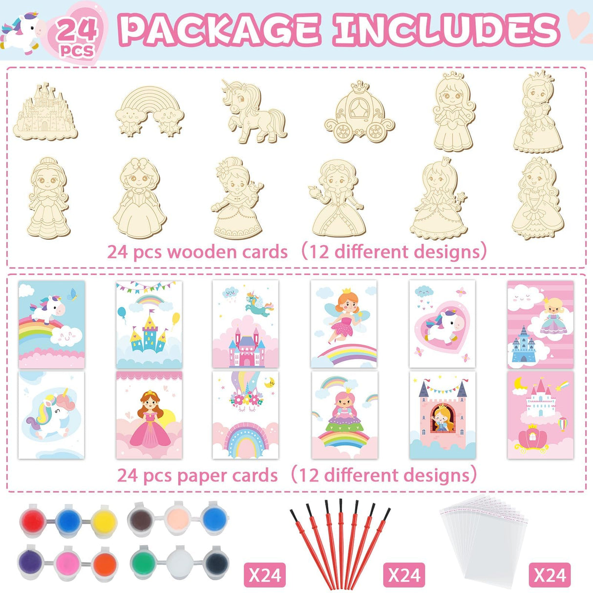 24Pcs Princess Party Favors Birthday Supplies Decorations-Cards with Art Crafts Castle Fairies DIY Wooden Painting Craft Kits Thank You for Coming Gifts Bulk Goodie Bags Stuffers Prizes for Kids Girls Yiaoyinnz