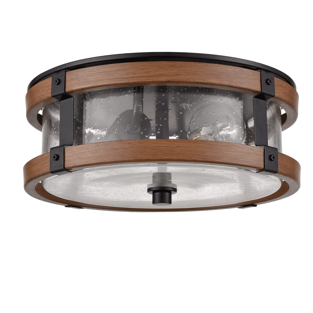 DEYNITE Farmhouse Ceiling Light Fixture 2-Light Hallway Ceiling Light in Black & Rustic Wood Grain Finish with Clear Seeded Glass Shade DEYNITE