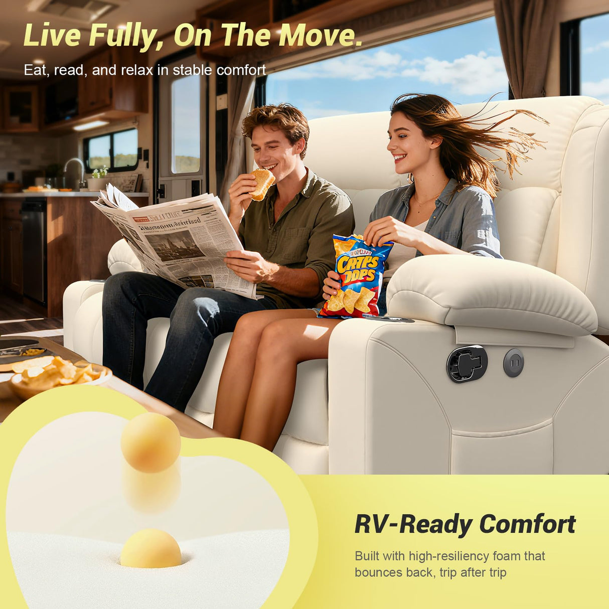 MOSGAT RV Loveseat Recliner Sofa, Reclining Loveseat Home Theater Seating with USB Ports, Cup Holders, Insert Pockets, Wall Hugger RV Recliners for Movie Room, Recline Movie Seats Gaming Sofa, White MOSGAT