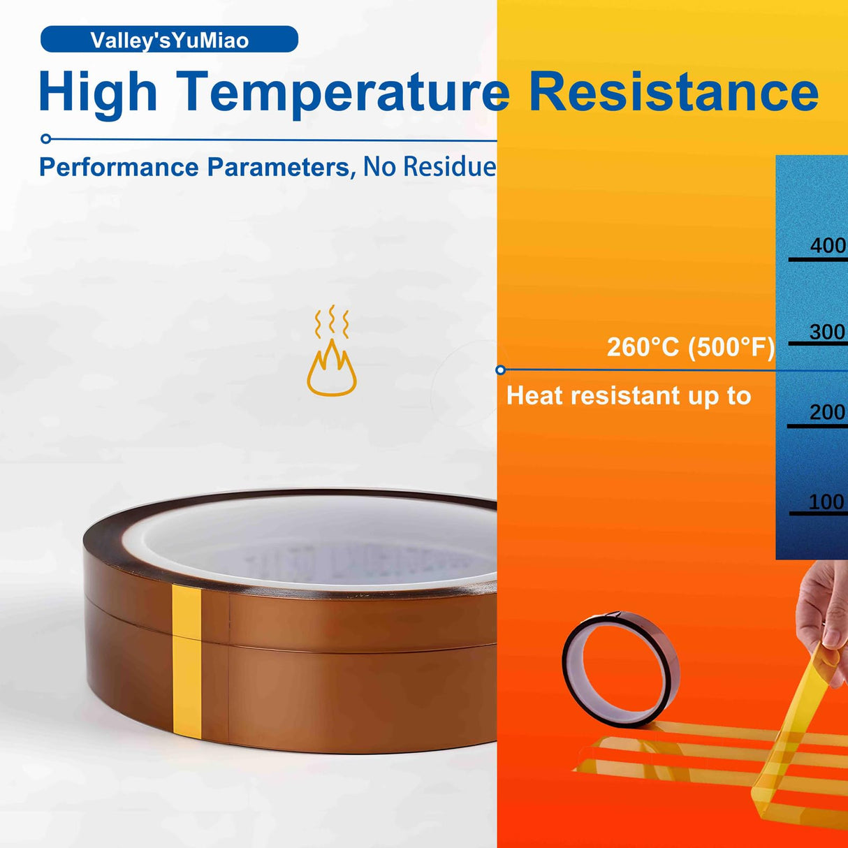 Valley'sYuMiao 4Rolls,10mm×108ft, Heat Transfer/Resistant Tape, Sublimation Tape for Transfer/Resistant, Heat Vinyl Press Tape, Polyimide Tape, No Residue, Total 432fts, Max Temp 500℉/260℃/533K Valley'sYuMiao