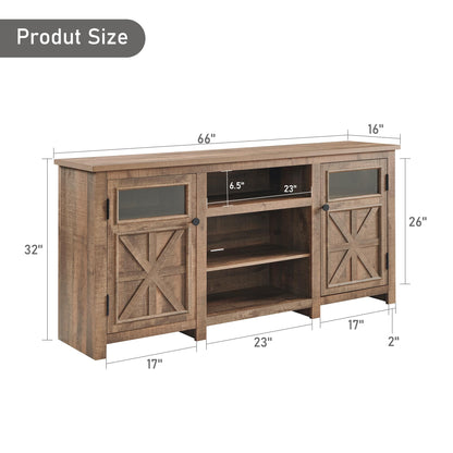 JXQTLINGMU Farmhouse TV Stand for 75 Inch TV, Entertainment Center with Storage, Modern TV Cabinet with Barn Doors, 66" Rustic TV Console for Living Room, Adjustable Shelf - Light Brown - WoodArtSupply