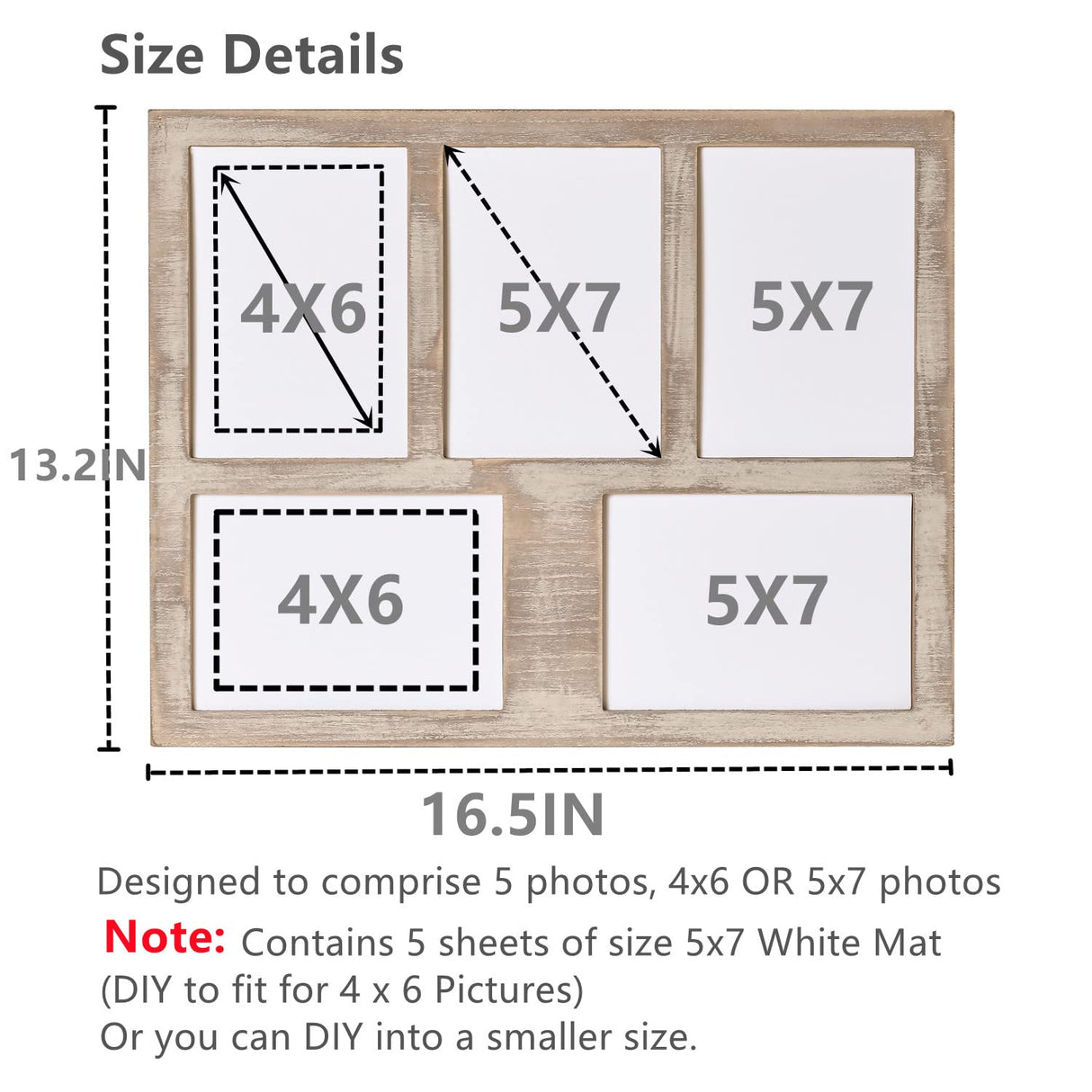MONT PLEASANT Farmhouse Picture Frame 5X7 Rustic Photos Frame 4X6 For Five Photos with Mat Wood Collage Frame for Wall Mounting or Tabletop Display MONT PLEASANT