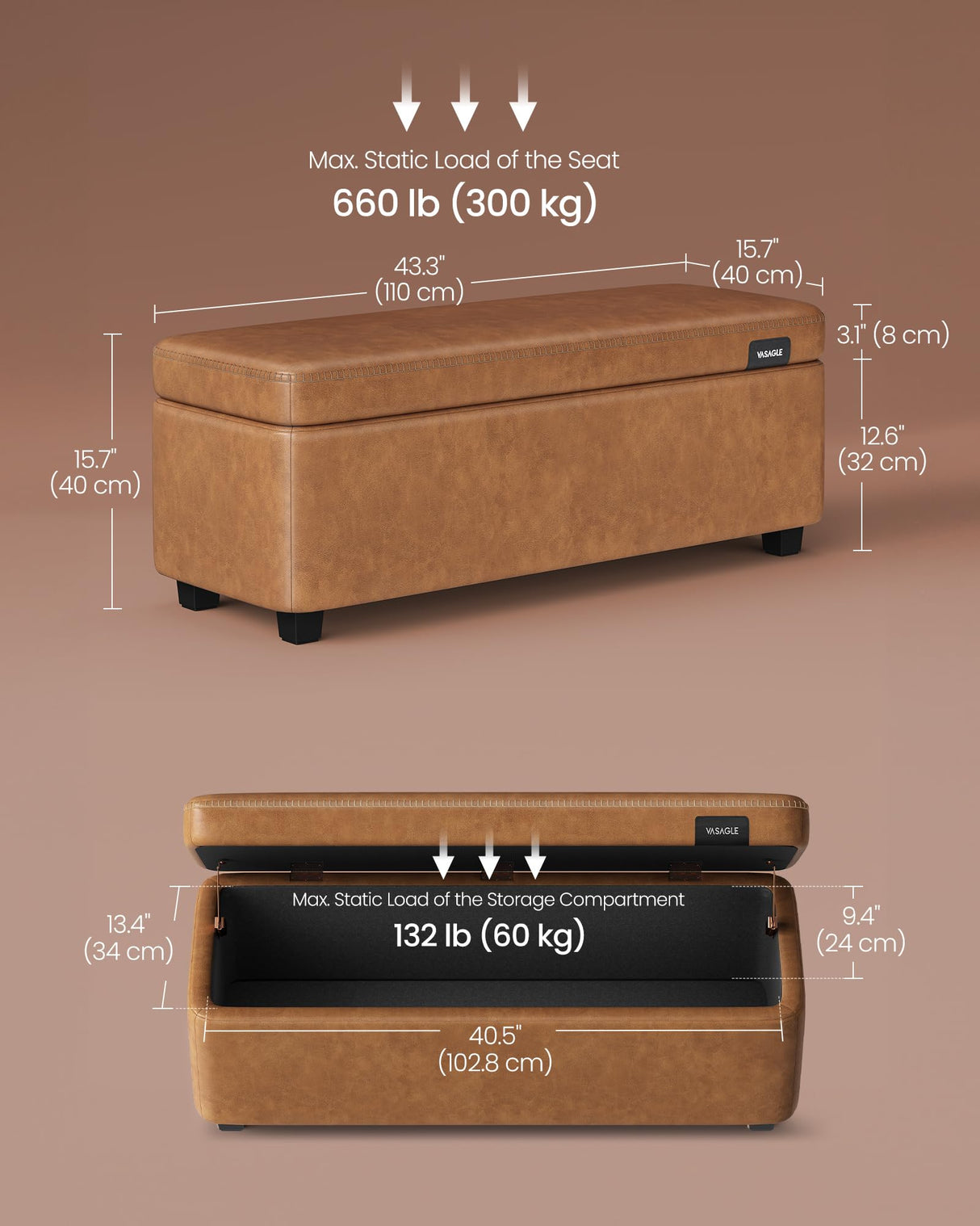 VASAGLE EKHO Collection - Storage Ottoman Bench, Entryway Bedroom Bench, 25 Gallons, Synthetic Leather with Stitching, Mid-Century Modern, Safety Hinges, Loads 660 lb, Caramel Brown ULOM075K01 VASAGLE