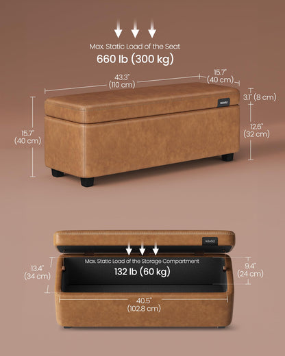 VASAGLE EKHO Collection - Storage Ottoman Bench, Entryway Bedroom Bench, 25 Gallons, Synthetic Leather with Stitching, Mid-Century Modern, Safety Hinges, Loads 660 lb, Caramel Brown ULOM075K0 - WoodArtSupply