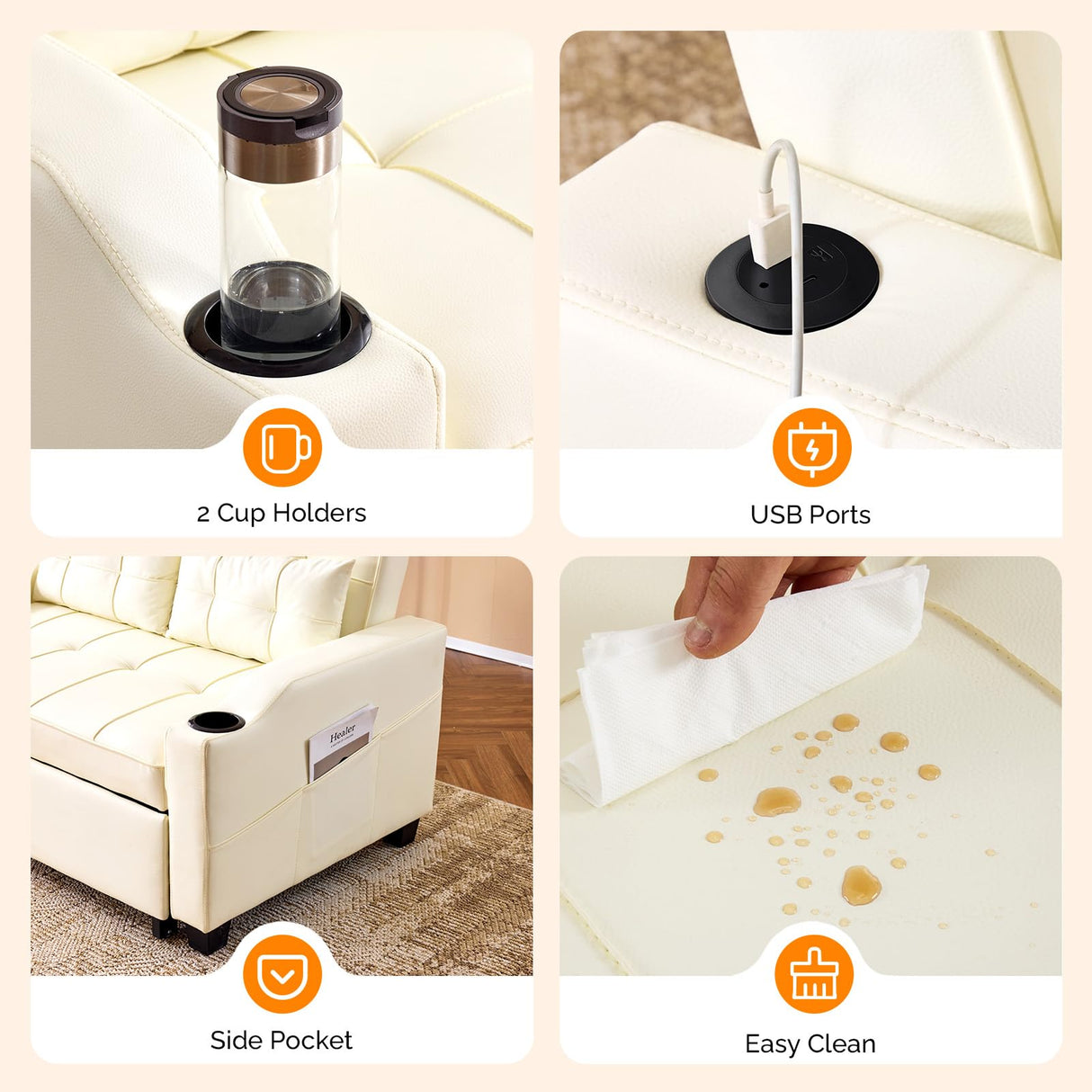 VINGLI Beige Futon Sofa Bed Convertible Loveseat Sleeper Couch, Faux Leather Pullout Sofa Fold Out Couch Bed with USB Ports, Cup Holders, Armrest for Living Room, Bedroom Apartment Room VINGLI