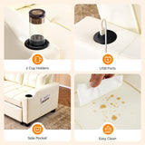 VINGLI Beige Futon Sofa Bed Convertible Loveseat Sleeper Couch, Faux Leather Pullout Sofa Fold Out Couch Bed with USB Ports, Cup Holders, Armrest for Living Room, Bedroom Apartment Room VINGLI