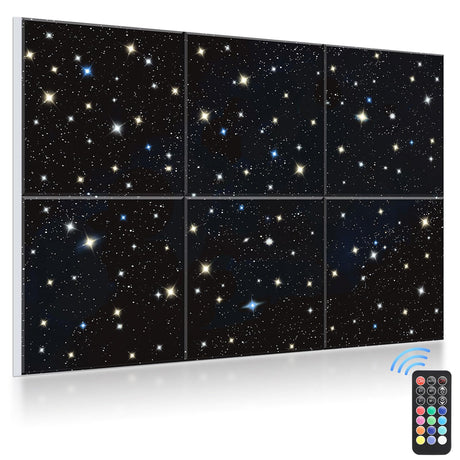 JBER Acoustic Panels, Self-Adhesive Soundproof Wall Art Painting with Fiber Optic Starlight Flashes, Celling Decoration - Fire & Noise Proof for Studio, Office, Home (Starry Sky, 72" × 48", 6Pcs) JBER
