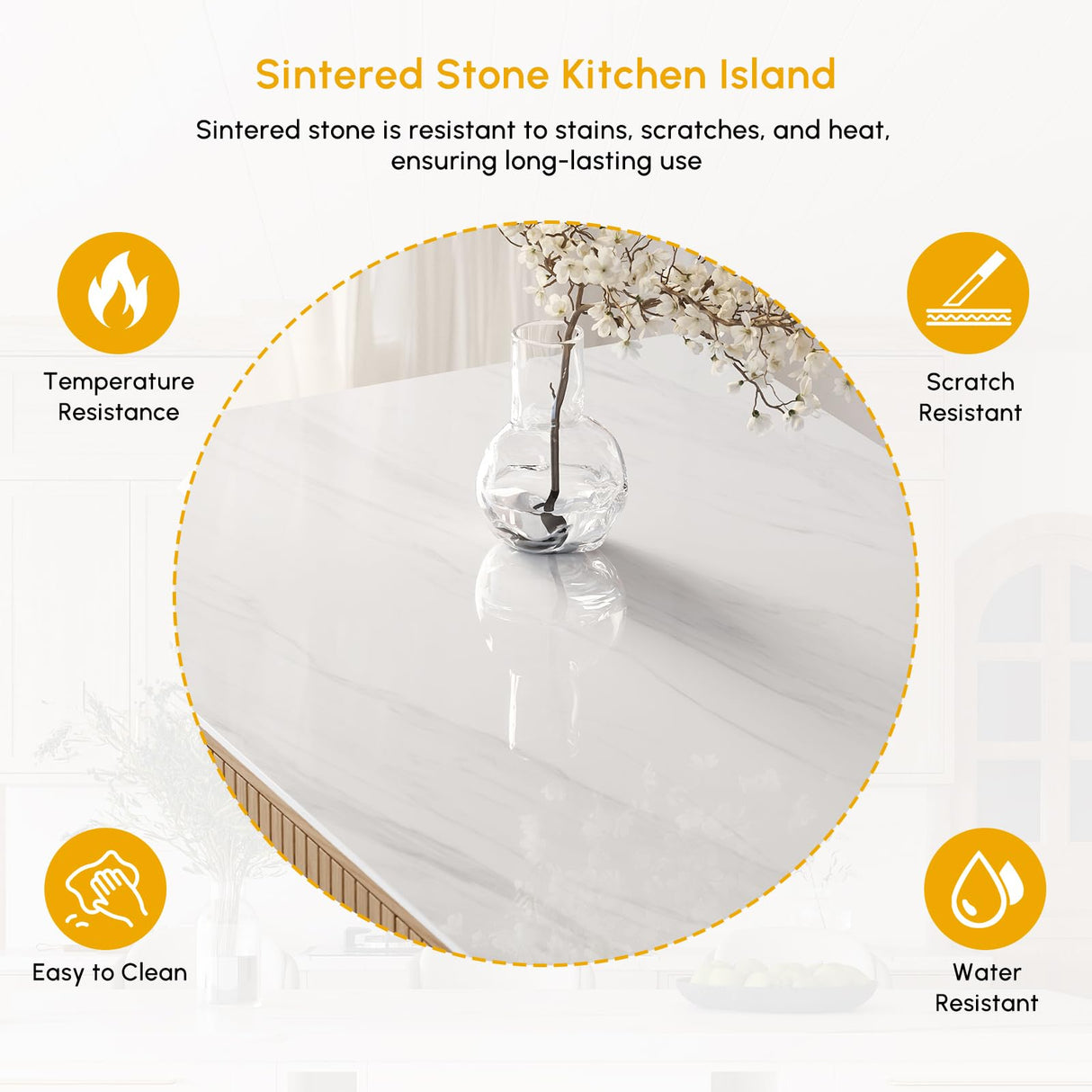 homary Kitchen Island Modern Wood Kitchen Island with Sintered Stone Top and Storage,Whitewash, Spacious Design for 2-3 Stools (Whitewash, 72'') homary