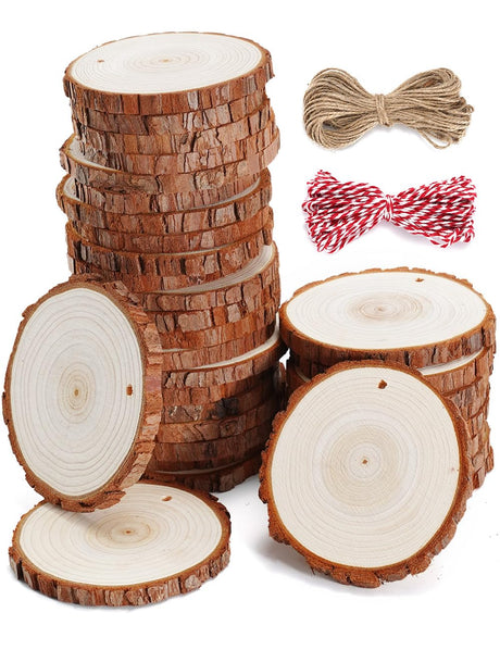 wohohoho 32pcs 3.6-4 inches Natural Wood Slices, Unfinished Craft Wood Kit Predrilled with Hole Thickened Wooden Circles with Bark for DIY Ornaments Christmas Wedding Decorations Wood Coasters Tags wohohoho