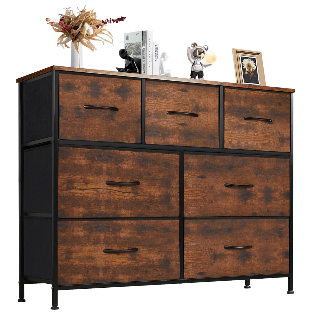 DUMOS Dresser for Bedroom with 7 Fabric Drawers, Chest Organizer Units for Clothing, Closet, Guestroom, Storage Tower with Cabinet, Metal Frame, Wooden Top, Lightweight Nursery Furniture, Brown DUMOS