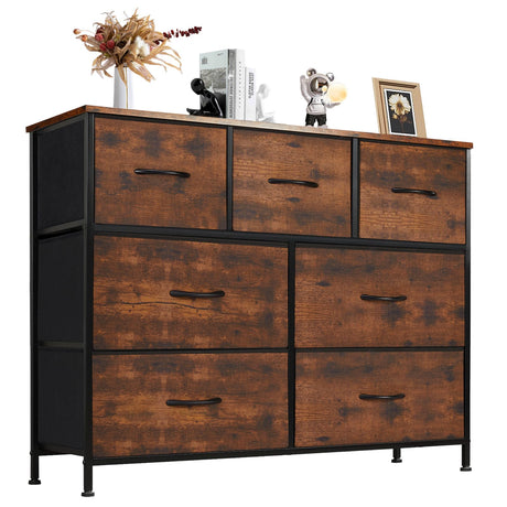 DUMOS Dresser for Bedroom with 7 Fabric Drawers, Chest Organizer Units for Clothing, Closet, Guestroom, Storage Tower with Cabinet, Metal Frame, Wooden Top, Lightweight Nursery Furniture, Brown DUMOS
