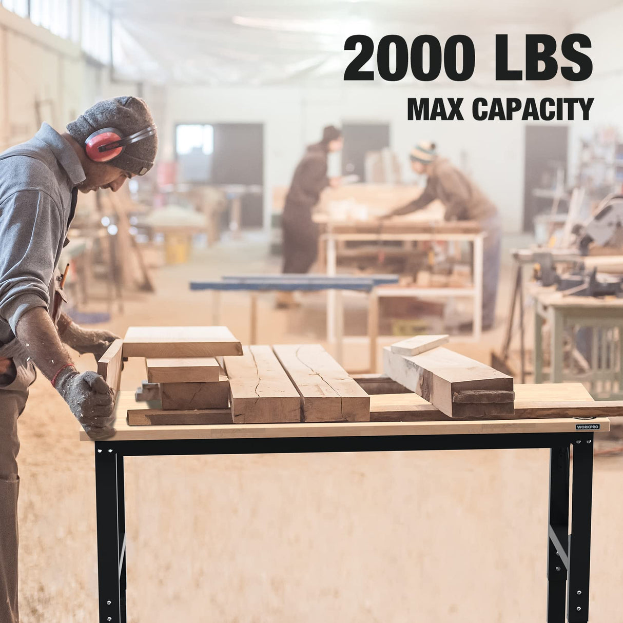 WORKPRO 60" Adjustable Workbench with 2 Pack Metal Pegboard, Rubber Wood Top Heavy-Duty Workstation, 2000 LBS Load Capacity Hardwood WORKPRO