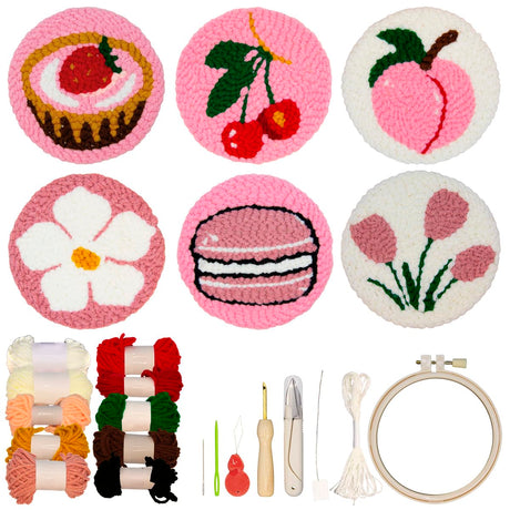 Punch Needle Kit for Beginners Adults Kids, 6 Pattern Embroidery Punch Needle Kits, Easy Needle Punch Embroidery DIY Kit Set Tufted Rug Punch Decoration with Patterns, Tools, Yarns, Hoop, Instruction Yigney
