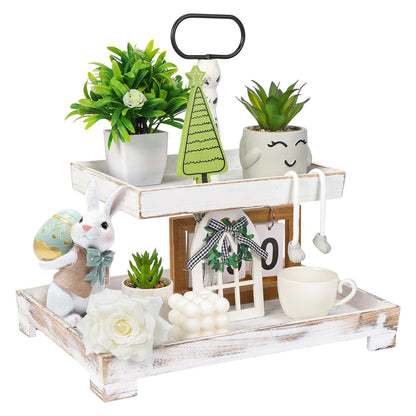 YGEOMER Wooden Tiered Tray for Farmhouse Kitchen, Living Room Centerpiece, Coffee Table Decor, Two Tier White Tray with Handle for Holiday Decoration, Christmas, Easter (Decors Not Included)