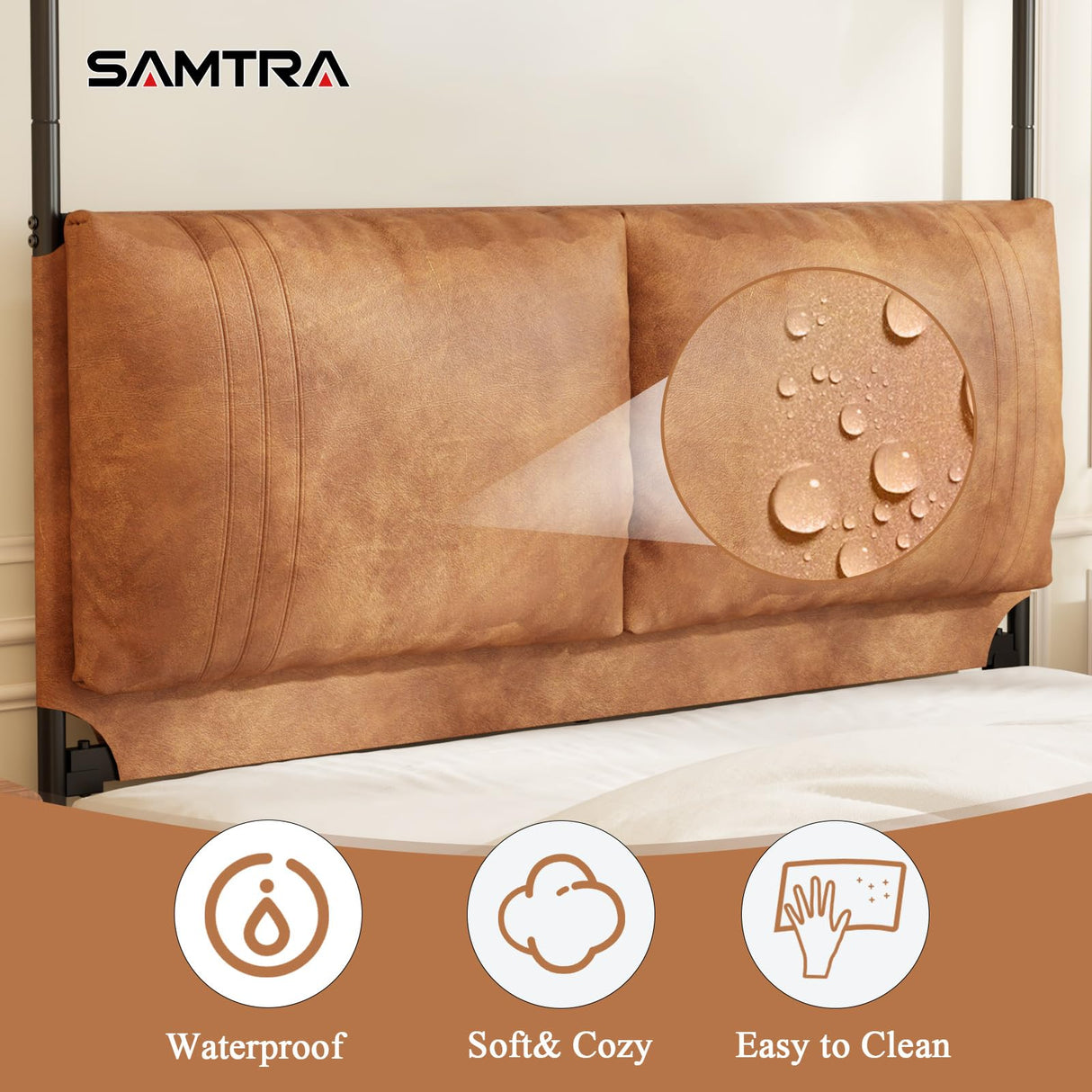 Modern Canopy Bed Frame with Upholstered Faux Leather Headboard – Tall Four Poster Metal Platform Bed, No Box Spring Needed, Queen Size, Brown and Black SAMTRA