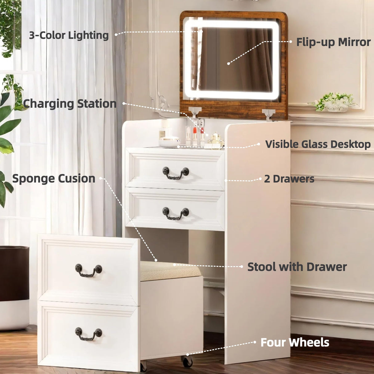 FONTOI Vanity Desk, 3 in 1 Vanity Desk with Hidden Chair, Farmhouse Vanity with Mirror and Lights, Small Makeup Vanity with Charging Station Storage Shelf for Bedroom, White & Brown FONTOI