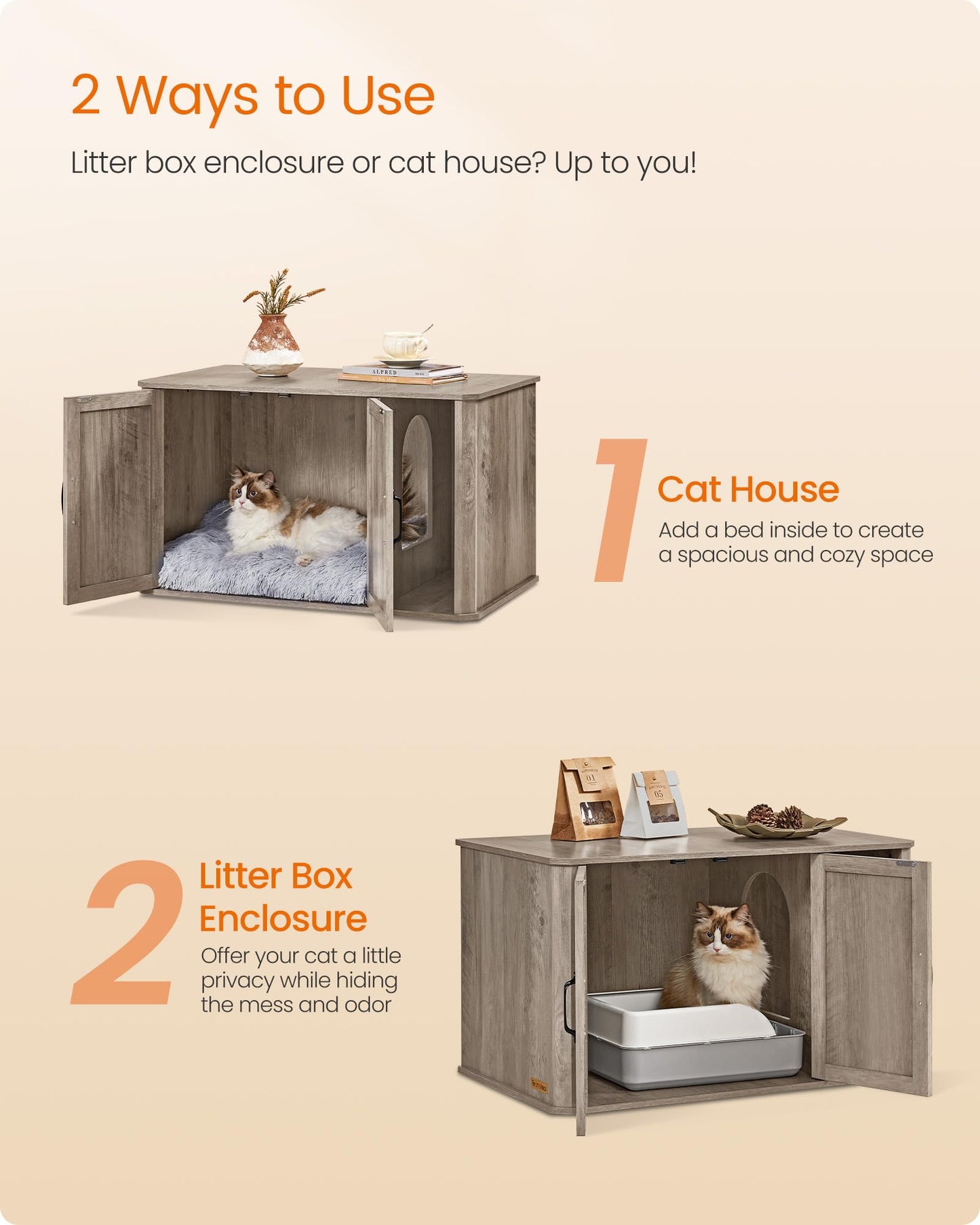 Feandrea Litter Box Enclosure, Modern Cat Litter Box Furniture Hidden, with Front Entry, Double Doors, Handles, Cat House, Side End Table, 33.5 x 19 x 19.5 Inches, Heather Greige UPCL012G01 - WoodArtSupply