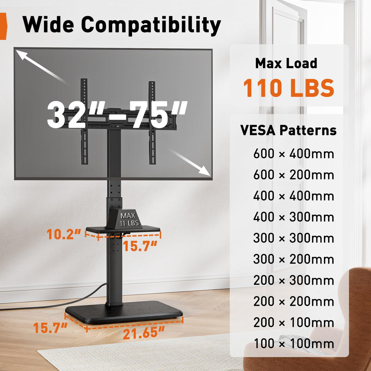 Perlegear Floor TV Stand with Power Outlet, Universal TV Stand for 32-75 inch TVs up to 110 lbs, Height Adjustable Standing TV Mount, Tall TV Mount with Wood Base, Max VESA 600x400mm, PGFS06 Perlegear