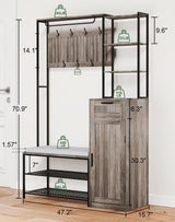 HOVANESTY Hall Tree with Bench and Shoe Storage, Coat Rack with Shoe Storage for Entryway, Mudroom Storage Cabinets with 11 Hooks, Drawers and Shelves, 7-in-1, Farmhouse, Industrial Style, Ash Gray HOVANESTY