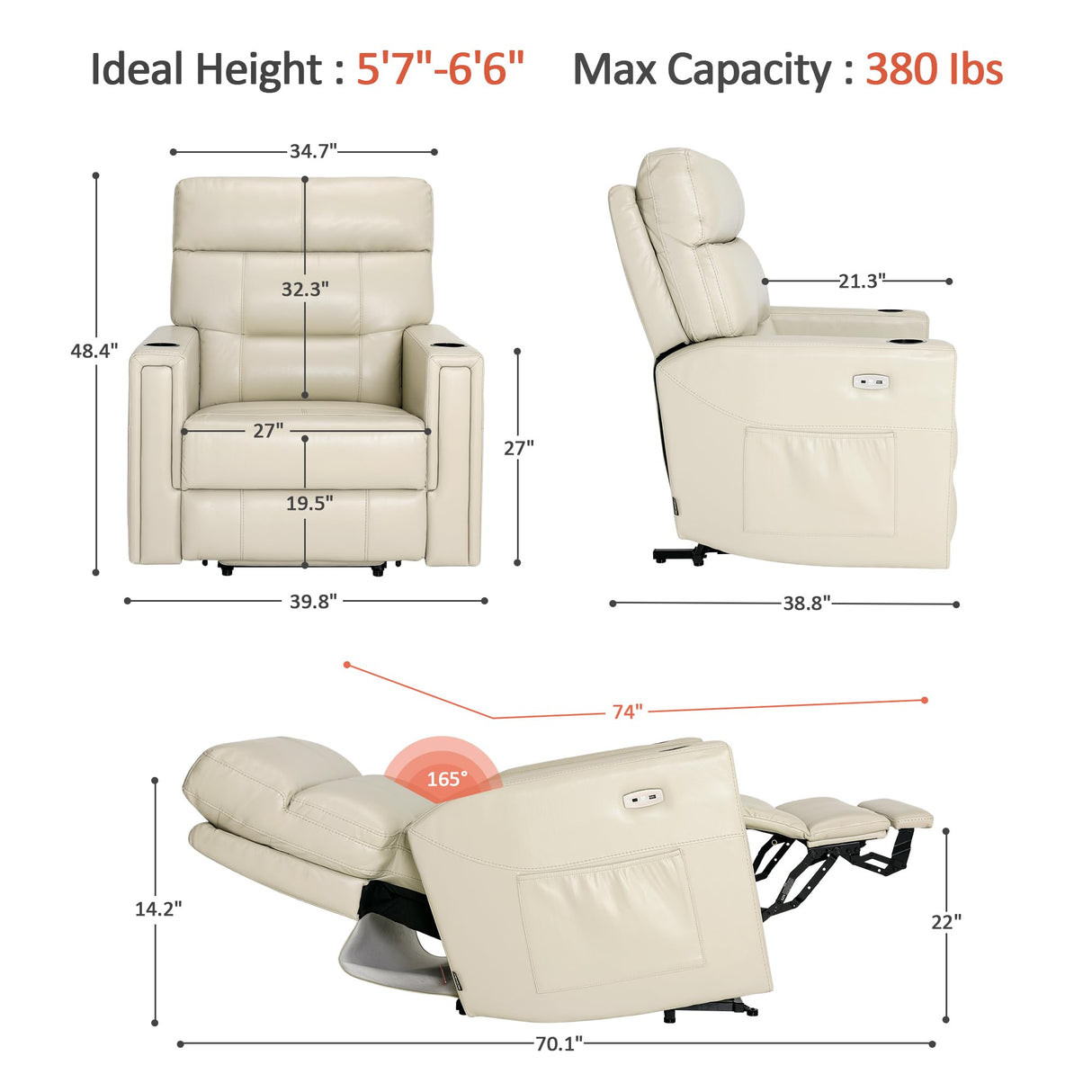 MCombo Triple Motor Oversized Lay Flat Power Lift Recliner Chair with Infinite Position, for 380lbs and Heights 5'7''-6'6" Big and Tall People, Adjustable headrest, Faux Leather R7177 (Cream White) MCombo